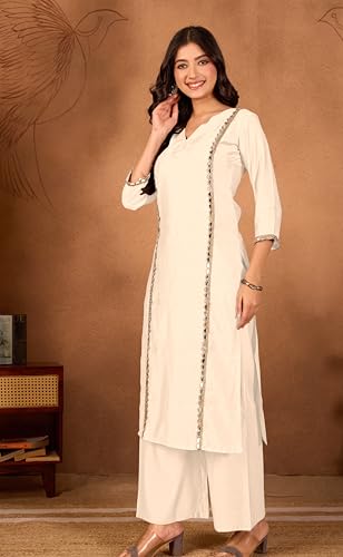 Image of Women Straight-Cut Kurta Pant Set with Subtle Golden Lace Embellishment | Elegant Ethnic Wear for Festive, Office & Casual Use