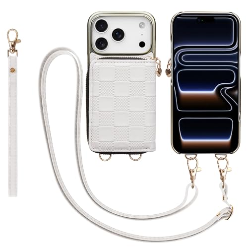 Keallce for iPhone 17 Pro 6.3'' Wallet Case - Crossbody Wrist Strap, 4 Card Slots RFID Blocking, Kickstand Electroplated Flip Leather Cover, White by Keallce - Used condition - US$15.67