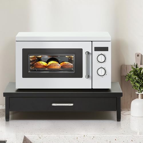 Image of Livzing Metal Microwave Oven Stand Drawer OTG Corner Shelf Tabletop Floor Standing Modern Oven Rack Storage Cabinet Multifunctional Dish Racks Toaster Organizer Powder Coated Finish Utility - Black