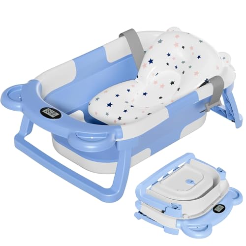 Image of TPN Collapsible Baby Bathtub, Baby Bath Tub with Soft Cushion & Real-Time Thermometer, Baby Bathtub Infant to Toddler Tub (0-36 Months), Portable Newborn Travel Bath tub