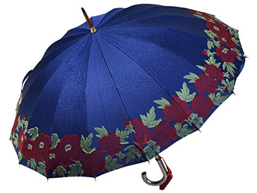 前原光榮商店 牡丹柄カットジャガード婦人用カーボン16本骨雨傘 カットぼたん 楓手元 Carbon 前原傘 かさ 皇室御用達前原光栄商店製 (ネイビー)
