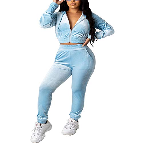 Women Casual Sweatsuit 2 Piece Sweatshirt & Sweatpants Velour Full Zip Hoodie Tracksuit Sport Outfits with Pocket (Blue, M)