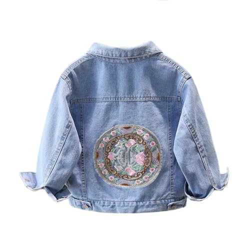 Image of Slxbear Blue Kids Cropped Denim Jacket Girls Stretch Embroidered Button Down Jean Jackets Turn Down Collar Plain Long Sleeve Coat Loose Breathable Casual Vacation School Outerwear Jacket 7-8 Years