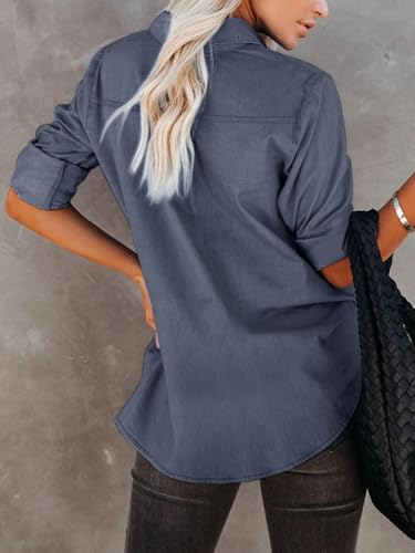 Women's Denim Button Down Shirt with Pockets Chambray Cotton Button Up Tunics Long Sleeve Solid High Low Blouse Tops2