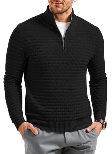 RQP Mens Quarter Zip Pullover Sweaters Business Long Sleeve Relaxed Fit Waffle Knit Texture Sweater,Black