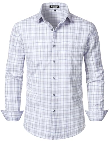 JEMITOP Men's Transitional Weather Long Sleeve Slim Fit Button Down Shirts Business Casual Button up Plaid Dress Shirt White Grey Gingham L