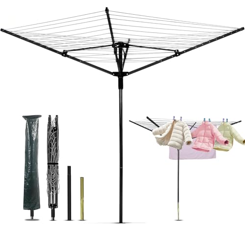 ybaymy Rotary Airer 4-Arm Clothes Airer Swivel Outdoor Clothes Line with Protective Cover, 50 m Washing Line with Ground Sleeve Clothes Hanger for Clean Laundry Aluminium Arms