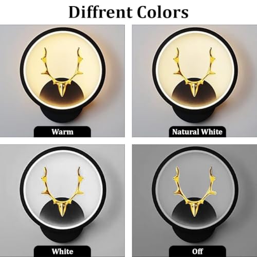 Image of fizzytech LED Deer Design Wall Light, 20 cm Round Decorative Wall Lamp, Black & Gold Finish with 3 Colour Changing Modes for Bedroom, Living Room & Hall, Pack of 2
