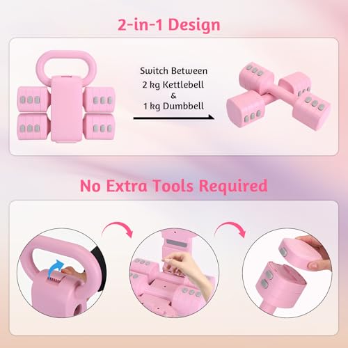 Ensemble Kettlebell Réglable, Alteres Musculation Femme - Haltère 1 kg, Disque Poids Musculation Réglables Kettlebell Rose (2-en-1) pour Fitness Féminin à la Maison – Image 3