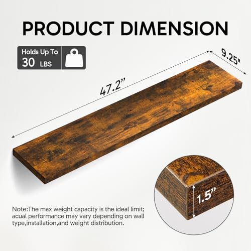 Image of BAYKA Floating Shelves, 47.2 inches Long Wall Mounted Rustic Wood Shelves for Bathroom, Bedroom, Living Room, Kitchen, Office, Hanging Shelf for Books /Storage /Decor(Rustic Brown,Set of 2)