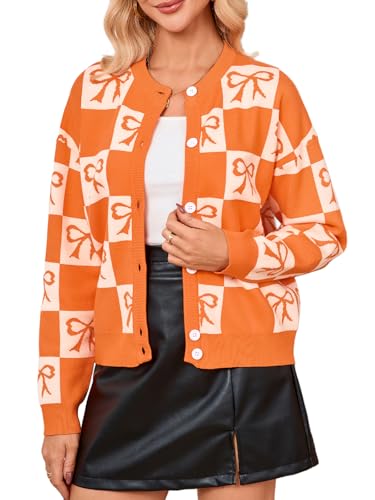Bow Checkered Cardigan for Women Fall Open Front Chunky Knit Sweaters Crew Neck Button Down Jackets