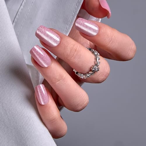 CurvLife Medium Square Chrome Cat Eye Press On Nails, Galaxy Mirror Pink