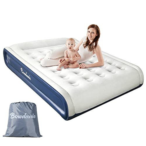Queen Air Mattress with Built-in Pump - Bowdanie Inflatable Mattress Queen 87x59x17 with Pillow, 3 Mins Quick Blow Up Bed and 550LB Max Support Airbed for Camping, Home, Travel - Blue &amp; Grey