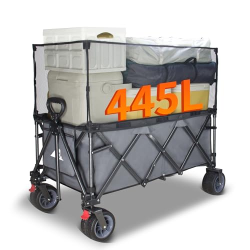 TOPWELL Bollerwagen faltbar mit Dach Handwagen Transportkarre Gerätewagen-10CM Breite Räder-445I großes Fassungsvermögen mit Bremse Verstellbarem Griff-für Camping Einkaufen (Grau)