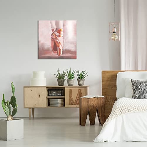Homeoart Dancer Wall Art Ballerina Pink Ballet Shoes Painting Picture Canvas Prints Modern Framed Artwork Ready To Hang 24"X24" #TOP2
