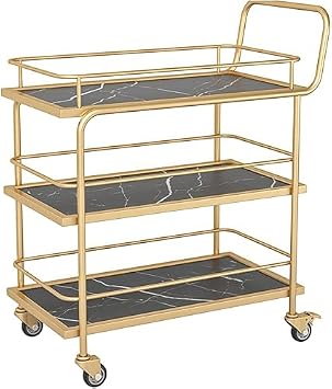 Multipurpose 3Tier Drinks Trolley Cart on Wheels with Lockable Casters for Kitchen & Living Room Storage Stylish Wood & Metal Serving Bar Rack