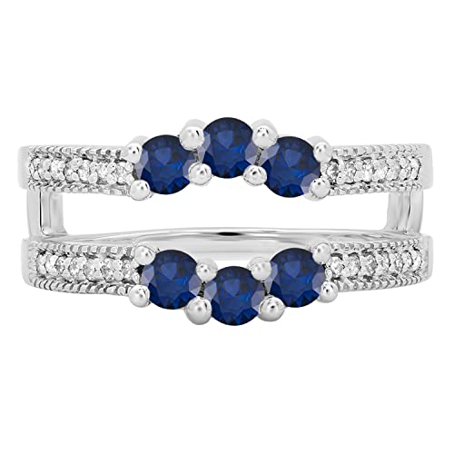 Dazzlingrock Collection Round Blue Sapphire & White Diamond Chevron Style Anniversary Enhancer Guard Double Ring For Women, 10K White Gold, Size 8.5 #TOP1