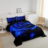 Feelyou Valentine's Day Bedding Set 3D Printed Blue Rose Floral Comforter Set for Kids Boys Girls Blossom Rose Flowers Comforter Luxury Decor Quilt Set with 2 Pillowcases 3Pcs Bedding Full