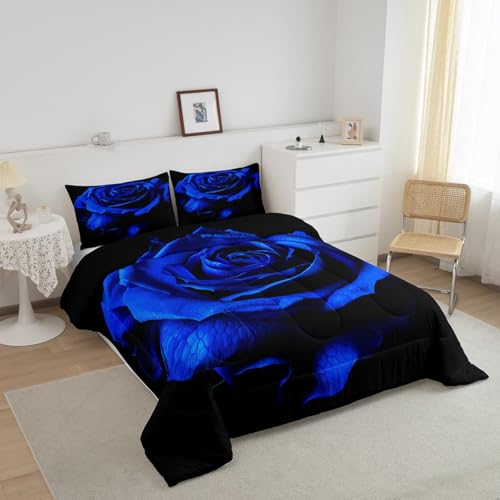 Feelyou Valentine's Day Bedding Set 3D Printed Blue Rose Floral Comforter Set for Kids Boys Girls Blossom Rose Flowers Comforter Luxury Decor Quilt Set with 1 Pillowcase 2Pcs Bedding Twin