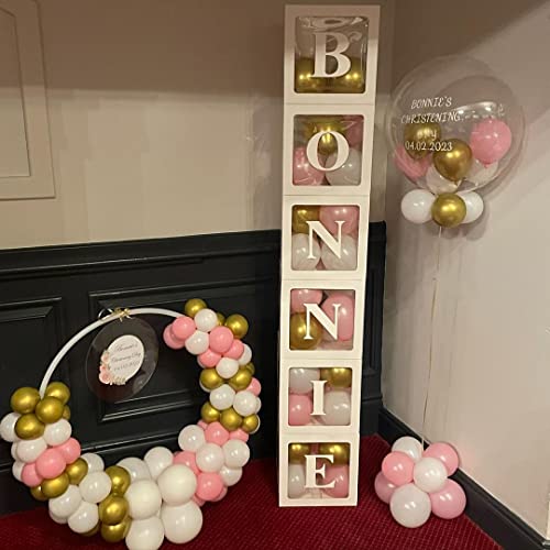 Tcwlyfc Baby Boxes With Letters - Letter Blocks Boxes With 65 Letters & Numbers, 6 White Clear Balloon Box For Baby Showers & Gender Reveal Parties, Reusable Birthday Decoration Boxes With 48 Balloons #TOP6