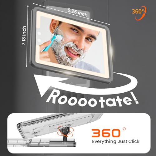 Image of Heated Shower Mirror Fogless for Shaving with 3-Color Dimmable LED Lights, Rechargeable, 360 Degree Adjustable, Drill-Free, All-in-One Storage Tray Holds Shaving Foam, Brush and 2 Razors, Black