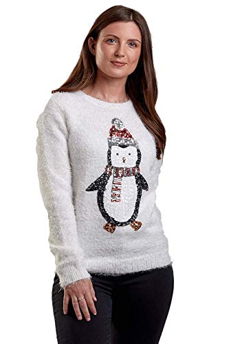 Preisvergleich Produktbild Damen-Strickpullover mit Pailletten, Weihnachtsmotiv, Weihnachtspullover Gr. 42, Pinguin, cremefarben