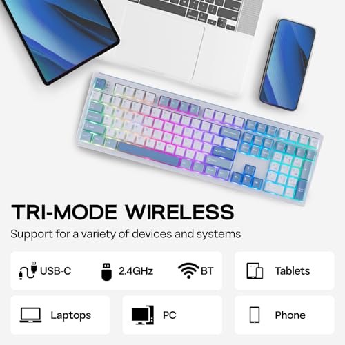 Image of EPOMAKER TH108 Full Size Mechanical Keyboard, Wireless Gaming Keyboard with 10000mAh Battery, Creamy Gasket, 108 Keys, Hot Swap, Custom Driver, RGB Backlight (Blue&White, Sea Salt Silent)