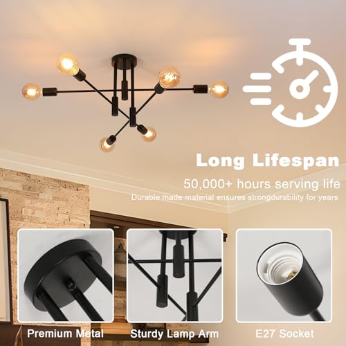 Dorlink Sputnik Ceiling Light, 6-Light Matte Black Flush Mount Ceiling Light, Industrial E27 Sputnik Chandelier - Image 3