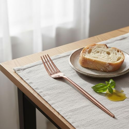Image of 5 Pcs Rosegold Cutlery Set for Dining Table the Perfect Lightweight Silim Handle Tableware Including Dinner Spoon, Dinner Fork, Dinner Knife, Dessert Spoon & Dessert Fork