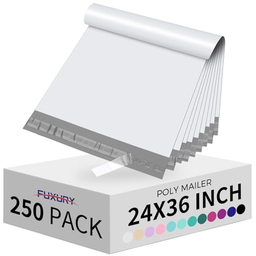 Fuxury 250 Pcs 24x36" Poly Mailers,Waterproof Mailing Envelopes for Clothing, Strong Adhesive Poly Shipping Postage Bags for Small Business(White)