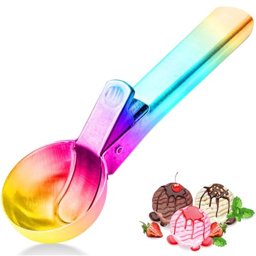 Ice Cream Scoop,Portable Stainless Steel Ice Cream Scoop With Trigger And Comfortable Handle,Icecream Scoop Spoon Perfect For Diy Ice Cream,Fruit,Cookie (Rainbow)