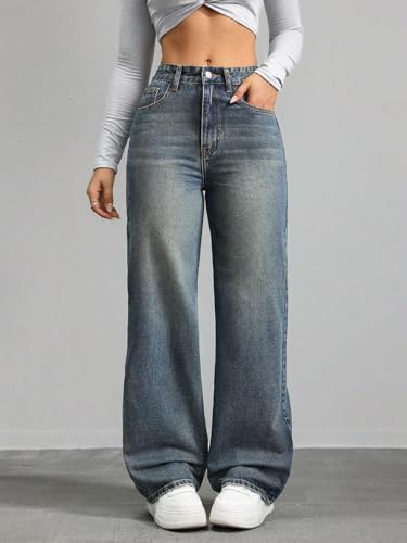 Image of DEELMO Women's Wide Leg Denim Jeans High Rise Loose Fit | Stretchy Casual Straight Pants Trendy | Comfortable Everyday Fashion Jeans for Women