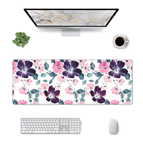 Image of XL Mouse Pad, Cute Flower Large Mouse Pad Gaming, Long Stitched Non-Slip Base Floral Computer Keyboard mat for Women and Girl School Office Decor, (Purple Pink Watercolor, 31.5 * 11.8 in)