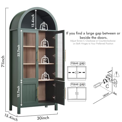 Image of 71 inch Tall Arched Display Cabinet, 5-Tier Bookshelf Modern Farmhouse Arched Bookcase with Glass Doors and Shelves, Wooden Pantry Storage Cabinet for Living Room, Office and Kitchen, Green