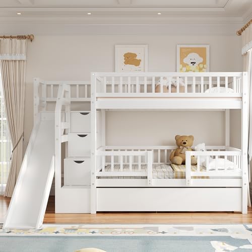 Image of Twin over Twin Bunk Bed with Storage Staircase,Slide and Trundle,White