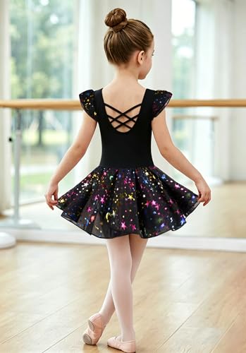 Image of DANSHOW Ballet Leotards for Girls Dance Skirted Leotard Kids Ballet Tutu Dress Toddler Shiny Ruffle Sleeve Dancewear