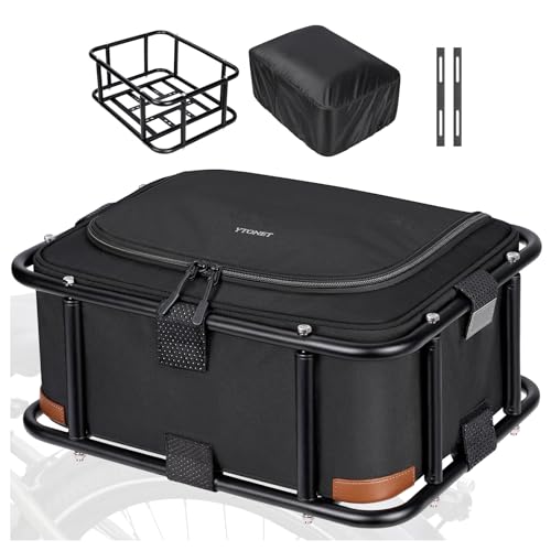 Ytonet Large Bike Basket Rear Heavy Duty Bicycle Basket with Thick Insulated Bag & Waterproof Cover for Adult Bikes and EBike Bike Back Baskets for Grocery Picnic Commuting Camping Pets Black