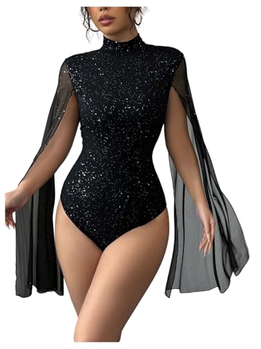 BEAUDRM Womens Sequin Bodysuit Sheer Mesh Cloak Sleeve Rave Party Leotard Tops Black Small