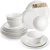 MALACASA 18-Piece Embossed Porcelain Dinner Set for 6, Includes Dinner Plates & Soup Bowls, Chip and Scratch Resistant, Microwave and Dishwasher Safe, Elegant White, Series Leila