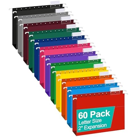 HERKKA Extra Capacity Hanging File Folders, 60 Pack Reinforced Letter Size Hanging Folders with Heavy Duty 2 Inch Expansion, Designed for Bulky Files, Medical Charts, 12 Assorted Colors Cover