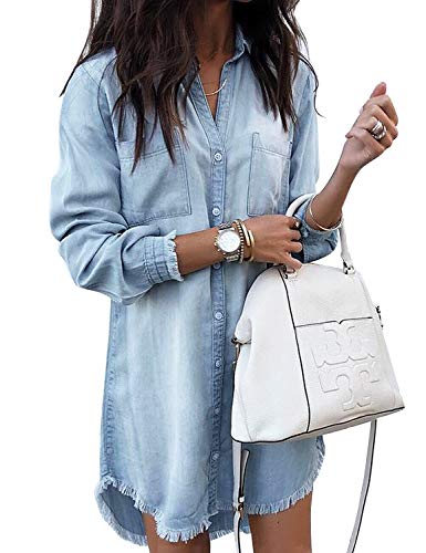 luvamia Women Casual Button Down Denim Shirt Dresses Frayed Distressed Long Sleeve Tunic Top Light Blue Medium