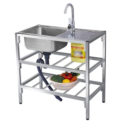Lavello in Acciaio Inox Autoportante, Lavello da Cucina con Banco di Lavoro e Ripiani per Ristorante, Bar, Giardino