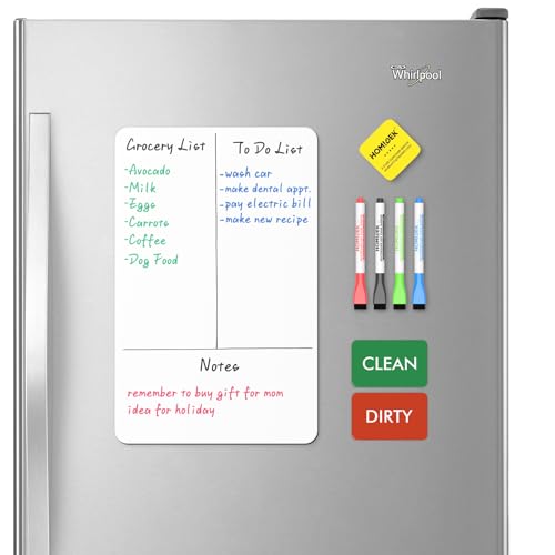 Comparison: Best Magnetic Whiteboard For Fridge 4 HOMiDEK Magnetic Dry Erase Board: Small Fridge Whiteboard, Flexible Refrigerator Magnet White Board, Blank Writing Note Sheet with Dishwasher Magnet Clean Dirty Sign, 4 Markers & Eraser - 12 x 8