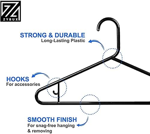ZYBUX - 20x Adult Coat Hanger Black Colour, Extra Strong Plastic, Space Saving with Suit Trouser Bar (40cm Wide)