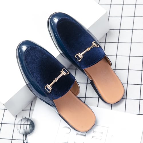 Mens Fashion Patent Leather Velvet Slip-On Horsebit Smoking Slippers Lightweight Breathable Non-Slip Backless Dress Loafers for Luxury Dress Wedding Party Prom Shoes4