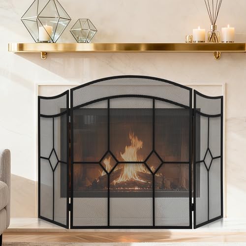FEED GARDEN 3 Panel Fireplace Screen Wrought Iron 48\" W x 30\" H Foldable Heavy Duty Fire Spark Guard Cover with Metal Decorative Mesh for Living Room, Home Decor Indoor, Black