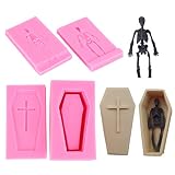 4Pcs/Set 3D Coffin with Cross & Skull Skeleton Fondant Molds, Halloween Theme Silicone Chocolate Gum