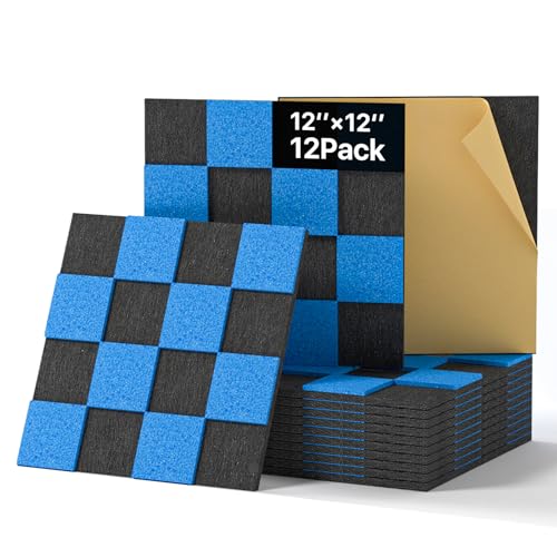 Woovio Självhäftande Akustiska Paneler 12 St 30x30x0.9cm Polyester Ljudabsorberande Paneler Schackbräde Svart blå Ljuddämpande Väggpaneler för Studio Kontor Gaming Dekor