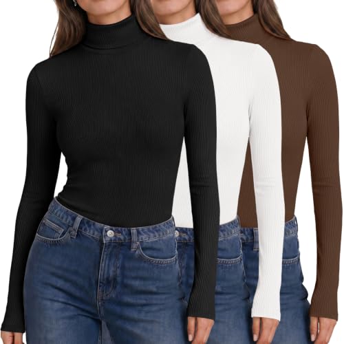 Ekouaer 3 Pack Womens Turtleneck Tops Ribbed Long Sleeve Basic Shirts