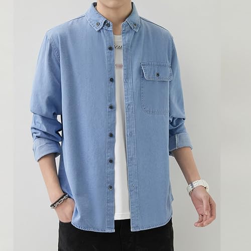 Men Cowboy Long Sleeve Shirt Regular Fit Button Denim Shirts Cotton Work Front Pocket Jean Jackets3